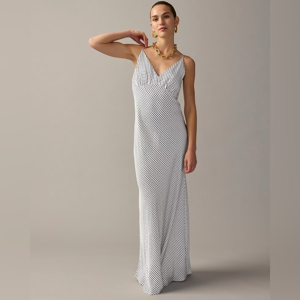 J.Crew Collection full-length luster crepe V-neck slip dress dot print BU220